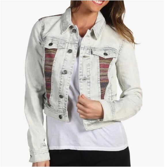 Free People Jackets & Blazers - Free People Baja White Washed Denim Jacket Multicolor Knit Panels Size 2